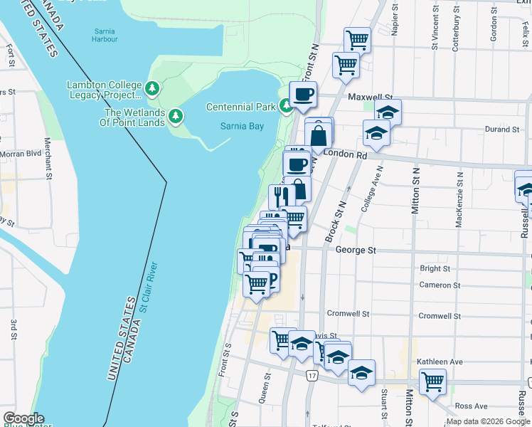 map of restaurants, bars, coffee shops, grocery stores, and more near 275 Front Street North in Sarnia