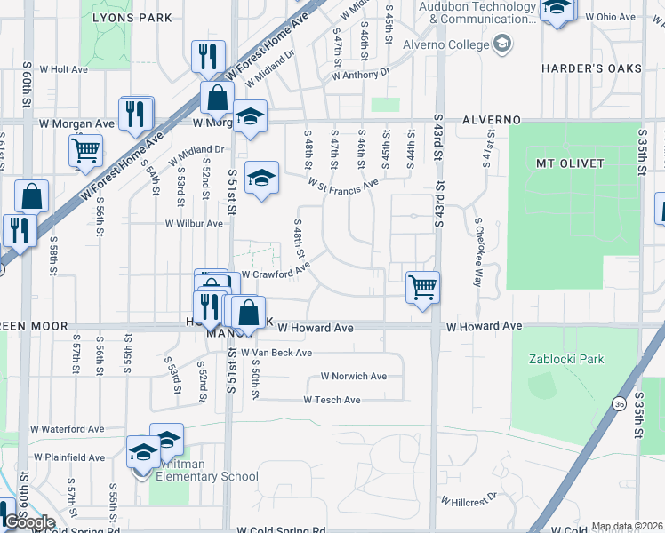 map of restaurants, bars, coffee shops, grocery stores, and more near 4675 West Crawford Avenue in Milwaukee