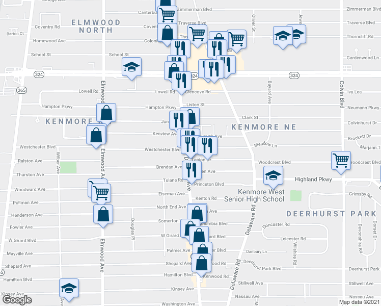 map of restaurants, bars, coffee shops, grocery stores, and more near 3373 Delaware Avenue in Kenmore