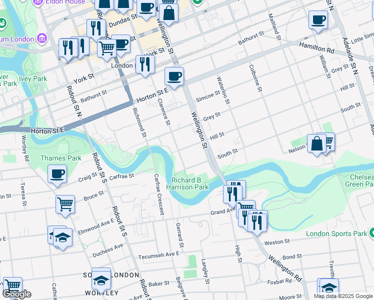 map of restaurants, bars, coffee shops, grocery stores, and more near 233 Hill Street in London
