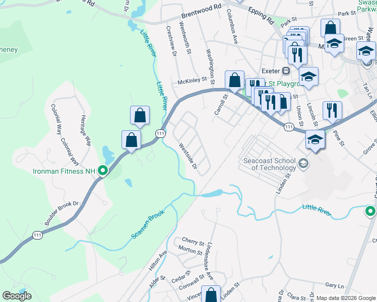 map of restaurants, bars, coffee shops, grocery stores, and more near 7 Scammon Lane in Exeter