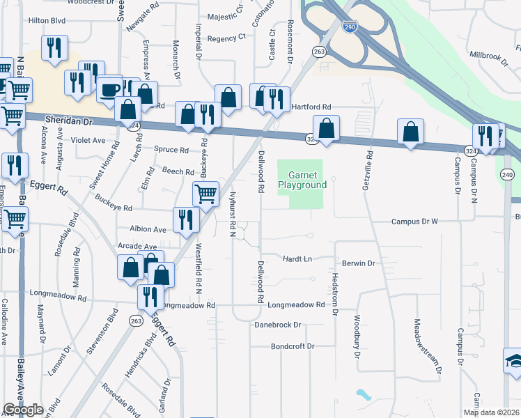 map of restaurants, bars, coffee shops, grocery stores, and more near Dellwood Road & Garnet Road in Buffalo