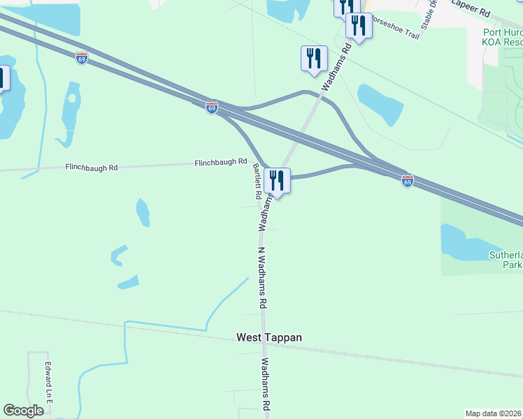 map of restaurants, bars, coffee shops, grocery stores, and more near 1701 Bartlett Road in Smiths Creek