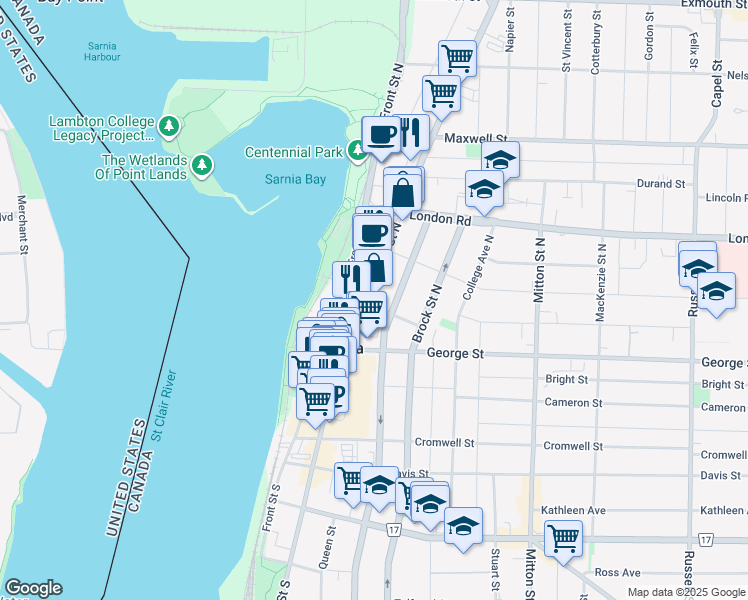 map of restaurants, bars, coffee shops, grocery stores, and more near in Sarnia