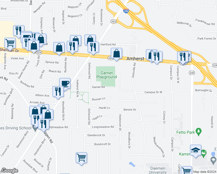 map of restaurants, bars, coffee shops, grocery stores, and more near 66 Garnet Road in Buffalo