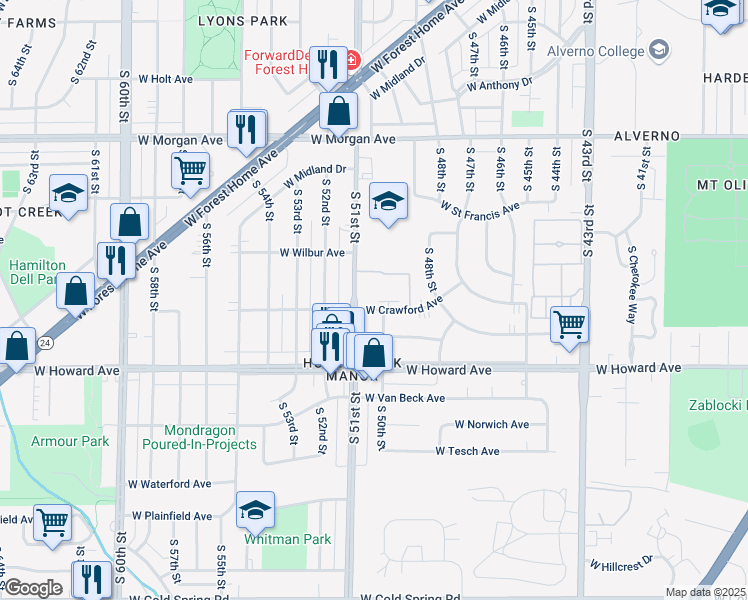 map of restaurants, bars, coffee shops, grocery stores, and more near 5071 Colonial Court in Greenfield