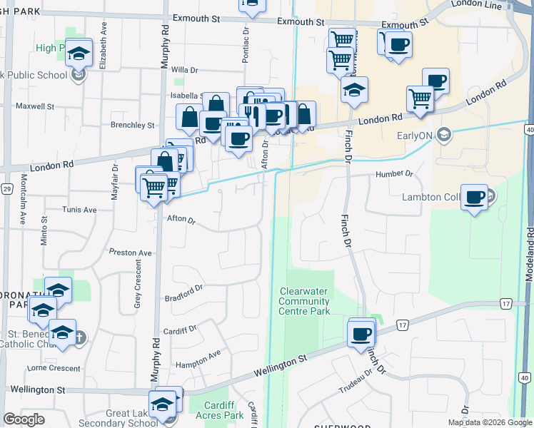 map of restaurants, bars, coffee shops, grocery stores, and more near 1203 Afton Drive in Sarnia