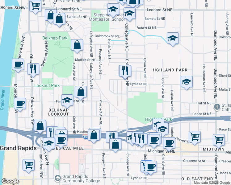 map of restaurants, bars, coffee shops, grocery stores, and more near 742 North Avenue Northeast in Grand Rapids