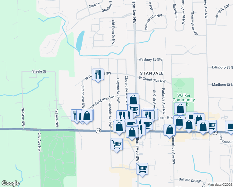 map of restaurants, bars, coffee shops, grocery stores, and more near 619 Clayton Avenue Northwest in Grand Rapids