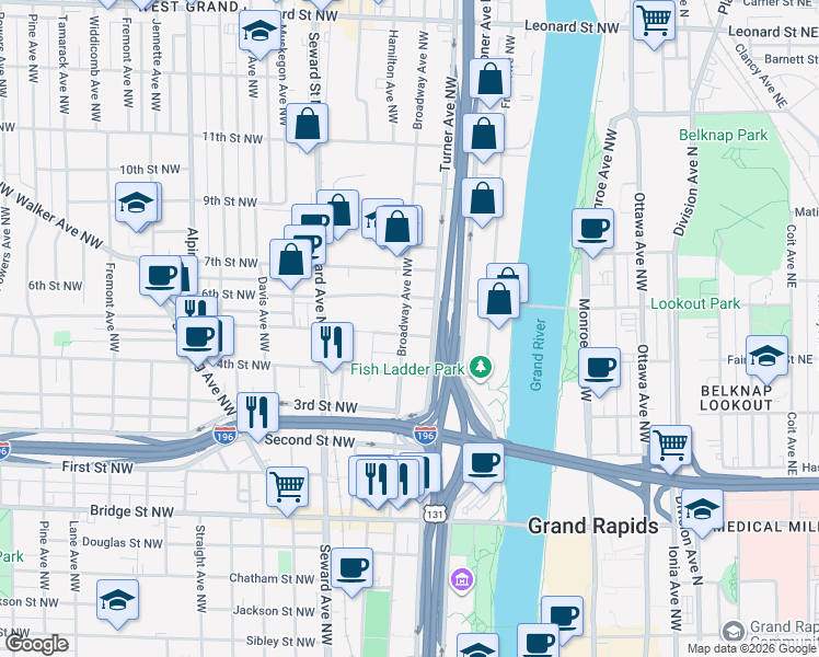 map of restaurants, bars, coffee shops, grocery stores, and more near 731 Broadway Avenue Northwest in Grand Rapids