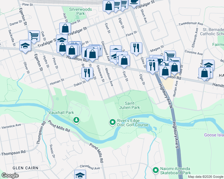 map of restaurants, bars, coffee shops, grocery stores, and more near 105 Madison Avenue in London