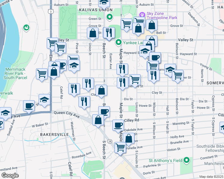 map of restaurants, bars, coffee shops, grocery stores, and more near 336 Somerville Street in Manchester