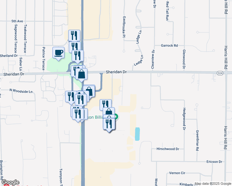map of restaurants, bars, coffee shops, grocery stores, and more near 8099 Sheridan Drive in Buffalo