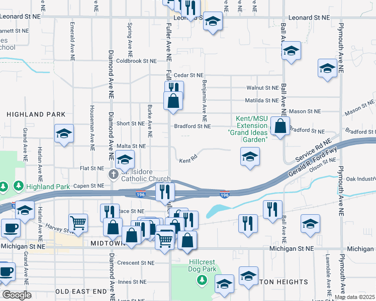 map of restaurants, bars, coffee shops, grocery stores, and more near 750 Fuller Avenue Northeast in Grand Rapids