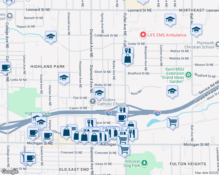 map of restaurants, bars, coffee shops, grocery stores, and more near 800 Spring Avenue Northeast in Grand Rapids