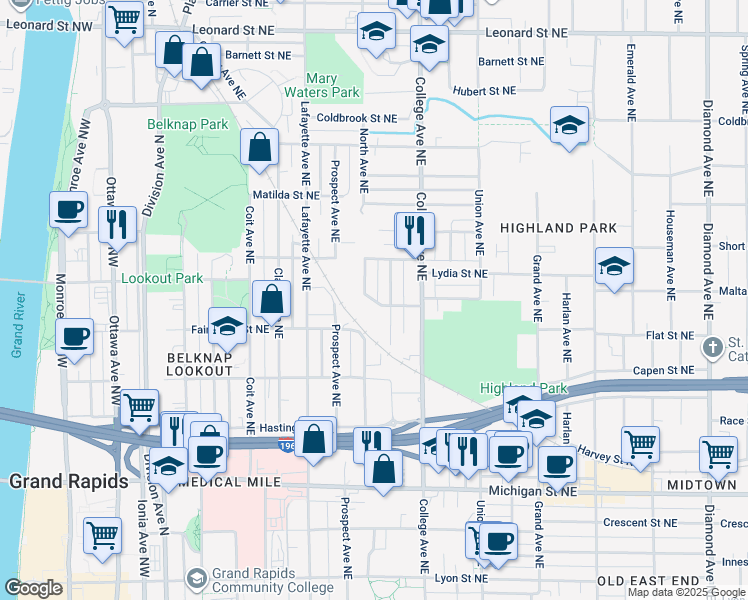 map of restaurants, bars, coffee shops, grocery stores, and more near 742 North Avenue Northeast in Grand Rapids