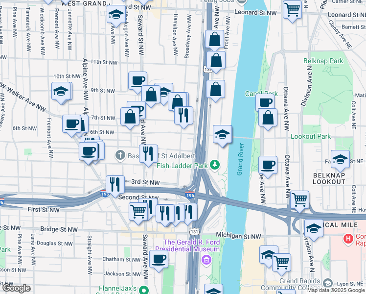 map of restaurants, bars, coffee shops, grocery stores, and more near 731 Broadway Avenue Northwest in Grand Rapids