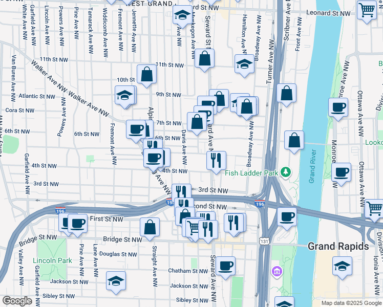 map of restaurants, bars, coffee shops, grocery stores, and more near 629 5th Street Northwest in Grand Rapids