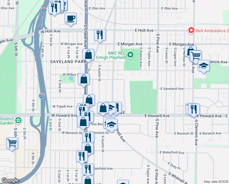 map of restaurants, bars, coffee shops, grocery stores, and more near 3741 South Whitnall Avenue in Milwaukee
