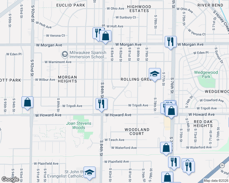 map of restaurants, bars, coffee shops, grocery stores, and more near 8205 West New Jersey Avenue in Milwaukee