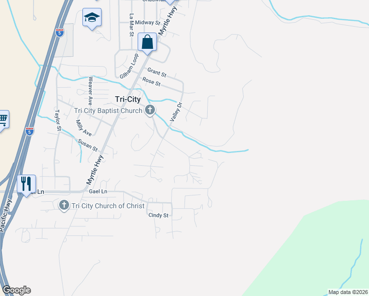 map of restaurants, bars, coffee shops, grocery stores, and more near 273 Crest Drive in Myrtle Creek