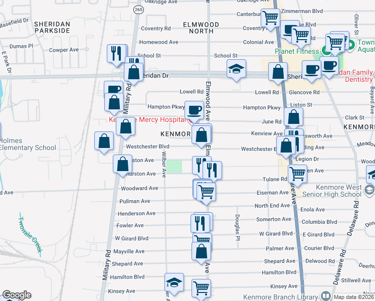 map of restaurants, bars, coffee shops, grocery stores, and more near 12 Westchester Boulevard in Buffalo