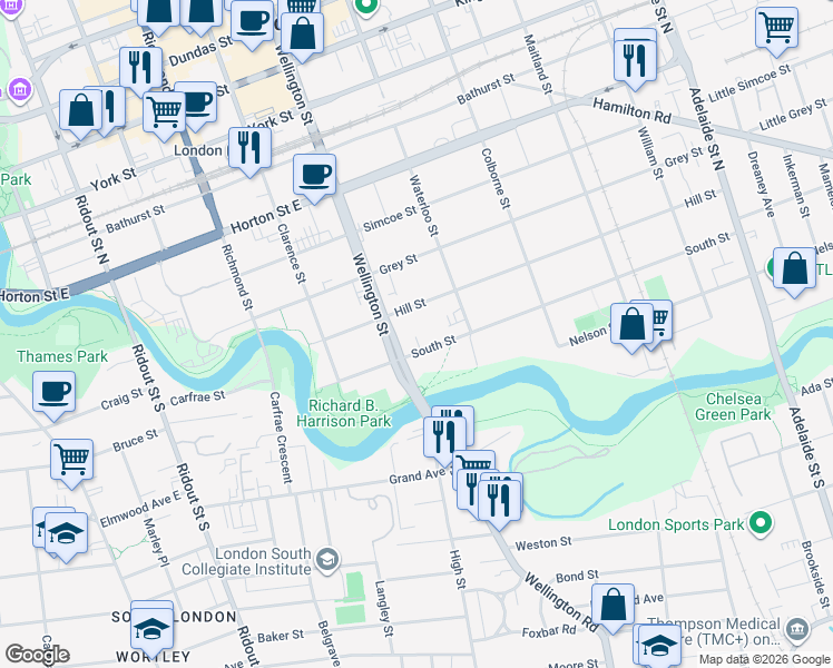 map of restaurants, bars, coffee shops, grocery stores, and more near 293 Hill Street in London