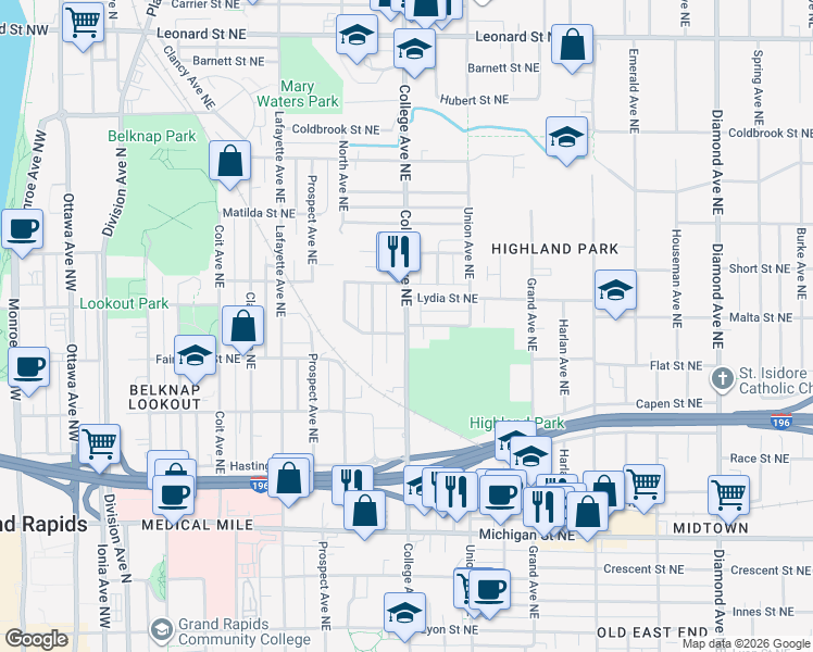 map of restaurants, bars, coffee shops, grocery stores, and more near College Avenue Northeast in Grand Rapids