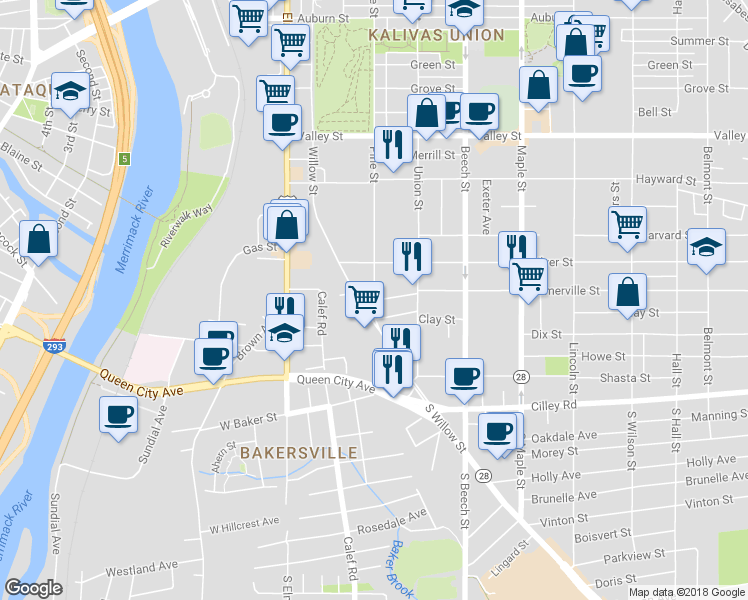 map of restaurants, bars, coffee shops, grocery stores, and more near 14 Pine Street in Manchester