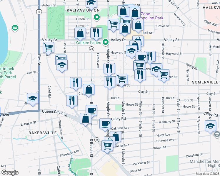 map of restaurants, bars, coffee shops, grocery stores, and more near 101 Maple Street in Manchester
