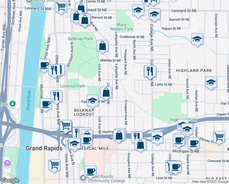 map of restaurants, bars, coffee shops, grocery stores, and more near 743 Lafayette Avenue Northeast in Grand Rapids
