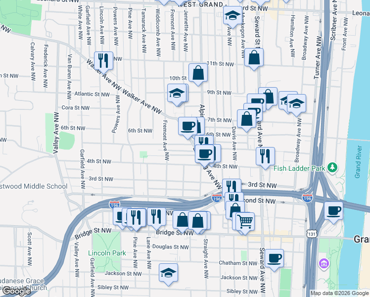 map of restaurants, bars, coffee shops, grocery stores, and more near 713 Stocking Avenue Northwest in Grand Rapids