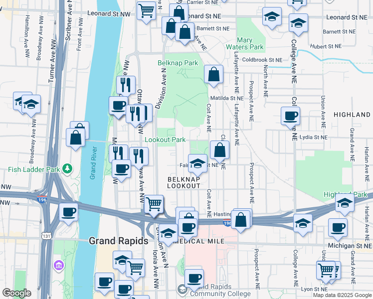 map of restaurants, bars, coffee shops, grocery stores, and more near 749 Livingston Avenue Northeast in Grand Rapids