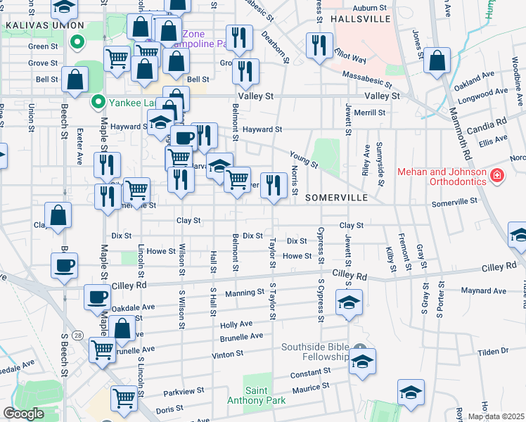 map of restaurants, bars, coffee shops, grocery stores, and more near 769 Somerville Street in Manchester