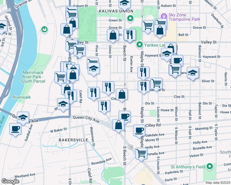 map of restaurants, bars, coffee shops, grocery stores, and more near 230 Somerville Street in Manchester