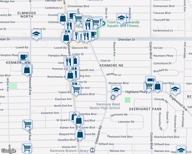 map of restaurants, bars, coffee shops, grocery stores, and more near 530 Delaware Road in Buffalo