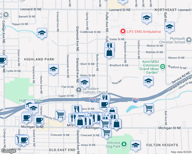 map of restaurants, bars, coffee shops, grocery stores, and more near 1105 Malta Street Northeast in Grand Rapids