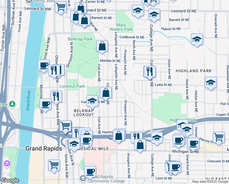 map of restaurants, bars, coffee shops, grocery stores, and more near 743 Lafayette Avenue Northeast in Grand Rapids