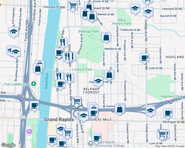 map of restaurants, bars, coffee shops, grocery stores, and more near 749 Livingston Avenue Northeast in Grand Rapids
