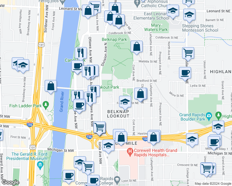 map of restaurants, bars, coffee shops, grocery stores, and more near 749 Livingston Avenue Northeast in Grand Rapids