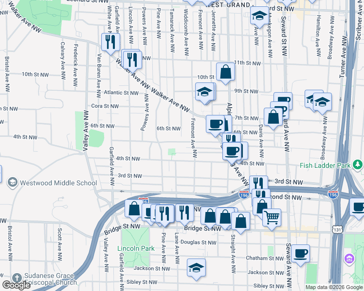 map of restaurants, bars, coffee shops, grocery stores, and more near 919 5th Street Northwest in Grand Rapids