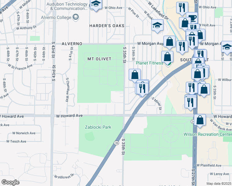 map of restaurants, bars, coffee shops, grocery stores, and more near 3747 South 35th Street in Greenfield