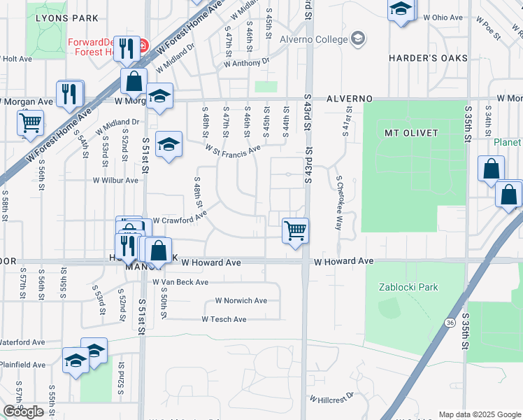 map of restaurants, bars, coffee shops, grocery stores, and more near 4502 West Crawford Avenue in Greenfield