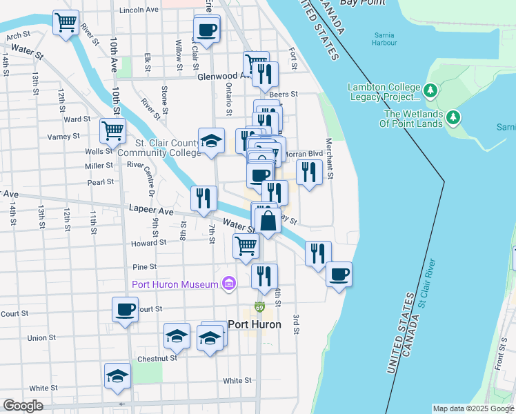 map of restaurants, bars, coffee shops, grocery stores, and more near 522 Quay Street in Port Huron
