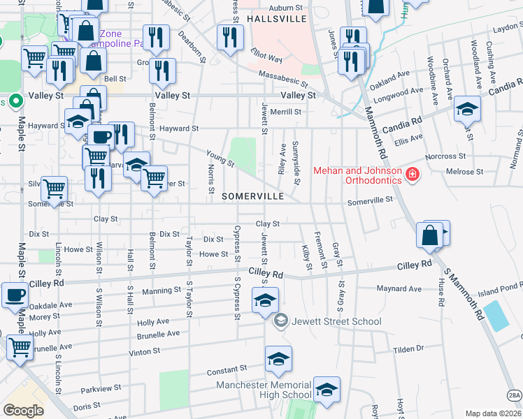 map of restaurants, bars, coffee shops, grocery stores, and more near 15 Springview Avenue in Manchester