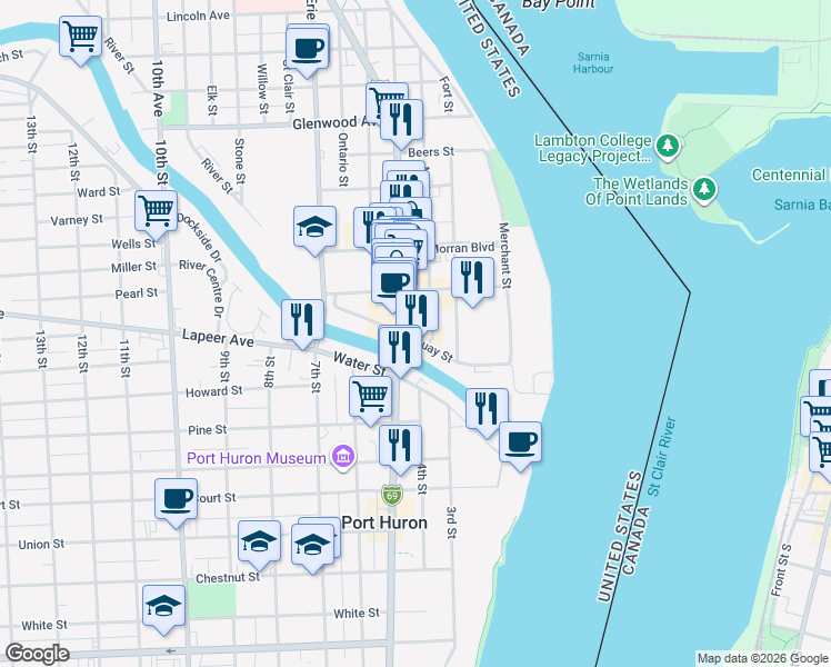 map of restaurants, bars, coffee shops, grocery stores, and more near 208 Huron Avenue in Port Huron