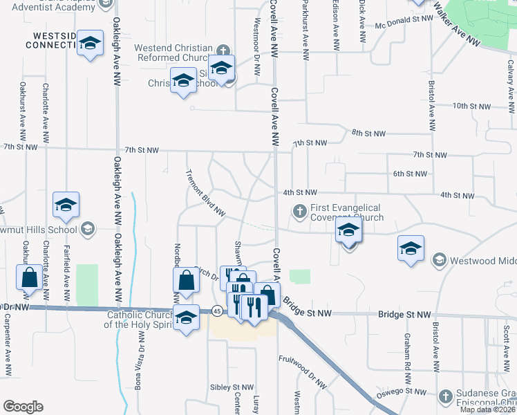 map of restaurants, bars, coffee shops, grocery stores, and more near 2090 Hamstead Road Northwest in Grand Rapids