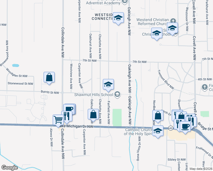 map of restaurants, bars, coffee shops, grocery stores, and more near 670 Charlotte Avenue Northwest in Grand Rapids