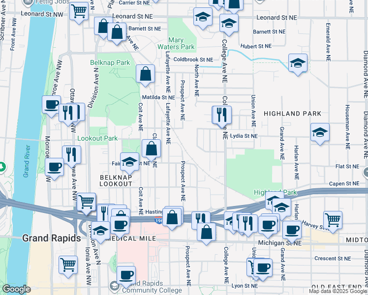 map of restaurants, bars, coffee shops, grocery stores, and more near 314 Bradford Street Northeast in Grand Rapids