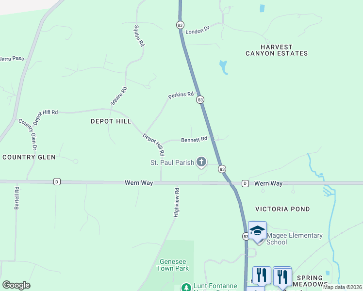 map of restaurants, bars, coffee shops, grocery stores, and more near S37W31735 Bennett Road in Waukesha